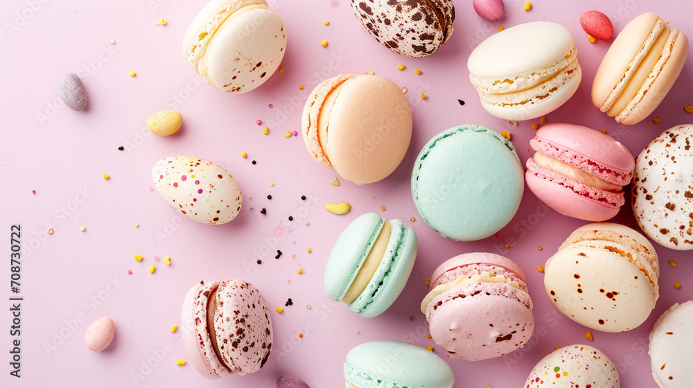 A delicate display of Easter-themed pastel macarons, Easter, pastel background, Flat lay, top view, with copy space A delicate display of Easter-themed pastel macarons, Easter, pastel background, Flat lay, top view, with copy space