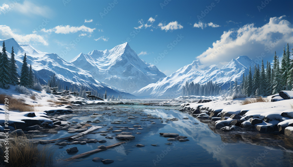 Majestic mountain range reflects tranquil blue sky in winter generated by AI