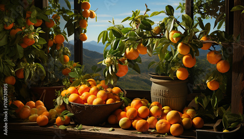Fresh, ripe oranges in a rustic basket, a healthy harvest generated by AI