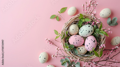 A soft-focus image of a pastel Easter basket filled with greenery and eggs, Easter, pastel background, Flat lay, top view, with copy space