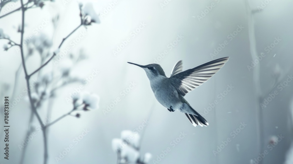 Obraz premium a hummingbird flying in the air with its wings open and a branch in the foreground, with snow on the ground, and branches in the foreground.