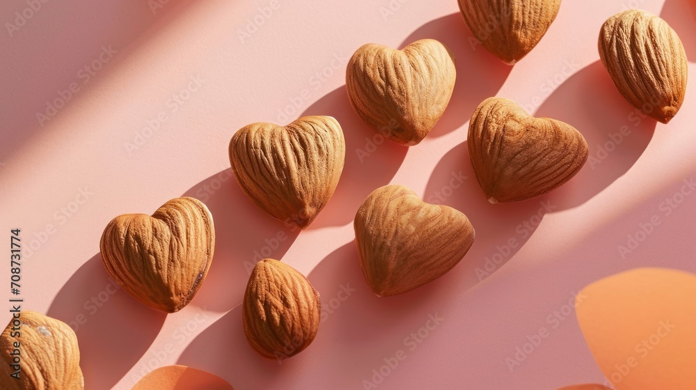  almonds are arranged in the shape of a heart on a pink and orange background with a shadow of a heart on the left side of the image and a heart on the right side of the image.