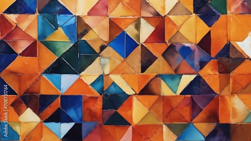 Watercolor painting in cubic style, geometric patterns in the style of tiles and mosaics. abstract background in orange colors, modern illustration.Ai generative
