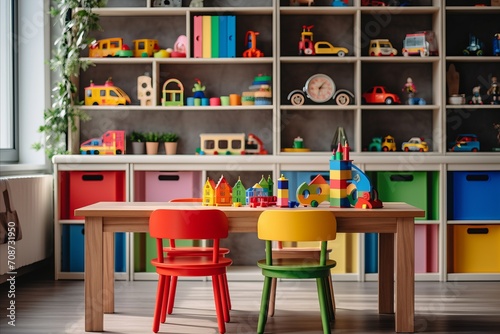 title. Bright Colorful Childrens Room with Modern Furniture and Toys on Sunny Day