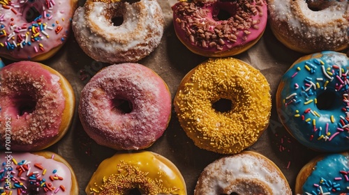 a bunch of doughnuts with sprinkles on them are lined up in a row and ready to be eaten in a bakery or take out of the oven.
