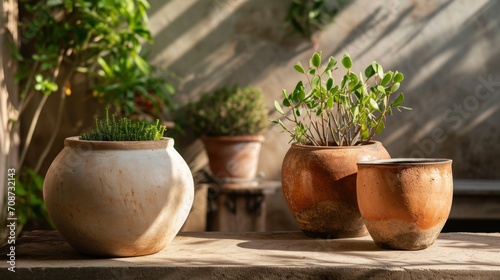  three potted plants sitting on a table in front of a wall with a shadow cast on the wall and a shadow cast on the wall behind the potted plant.