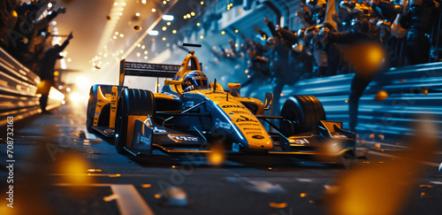 driver celebrate victory pass the finishing point and Race car racing on a track with motion blur.