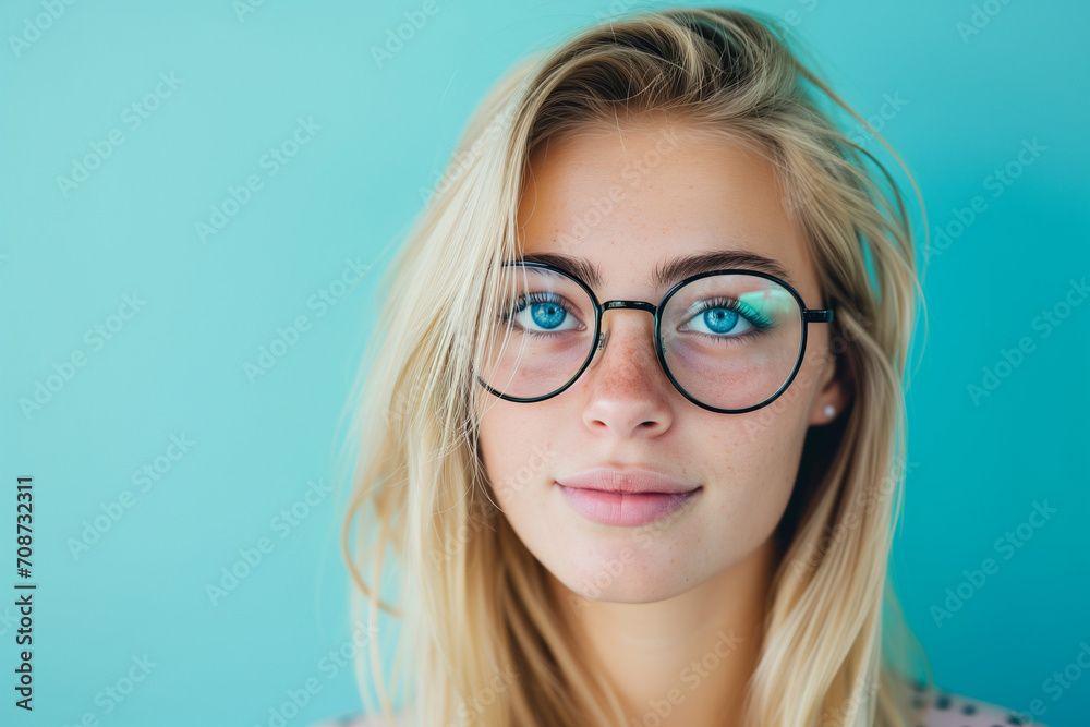 A portrait of a bespectacled young woman with blonde hair, gazing at the camera with a subtle smile, against a vibrant turquoise backdrop. A portrait of a bespectacled young woman with blonde hair, gazing at the camera with a subtle smile, against a vibrant turquoise backdrop.