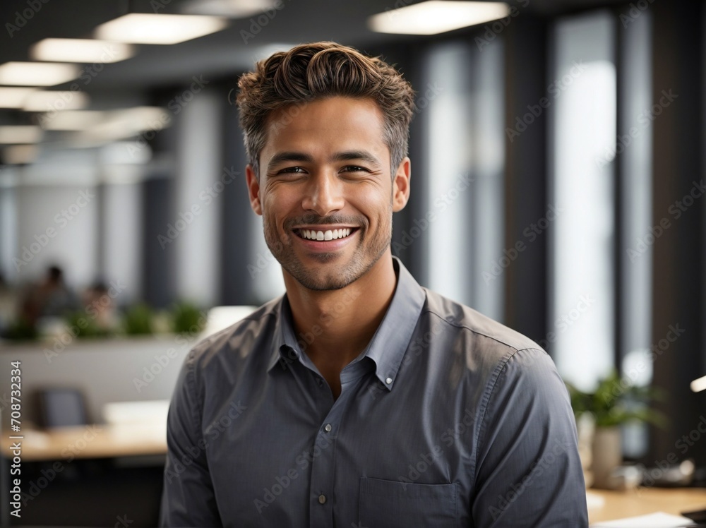 Obraz premium Smiling Man in an Office Setting, Professionally Content and Happy Worker at His Workplace. Generative AI.