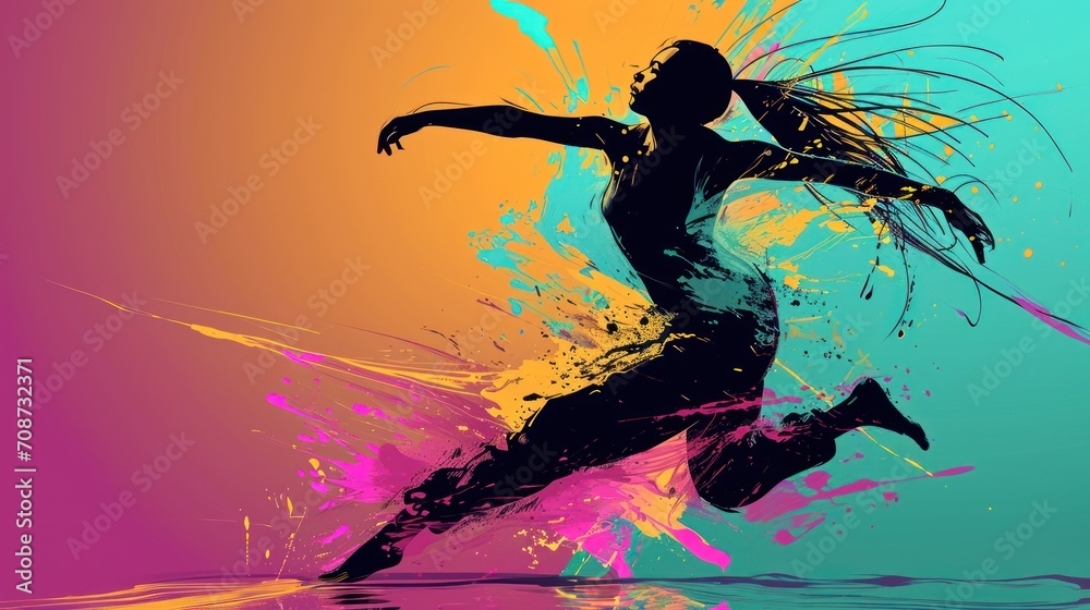 a silhouette of a woman running with splashes of paint on her body and hair blowing in the wind in front of an orange, pink, blue, yellow, pink, and pink, and blue background.
