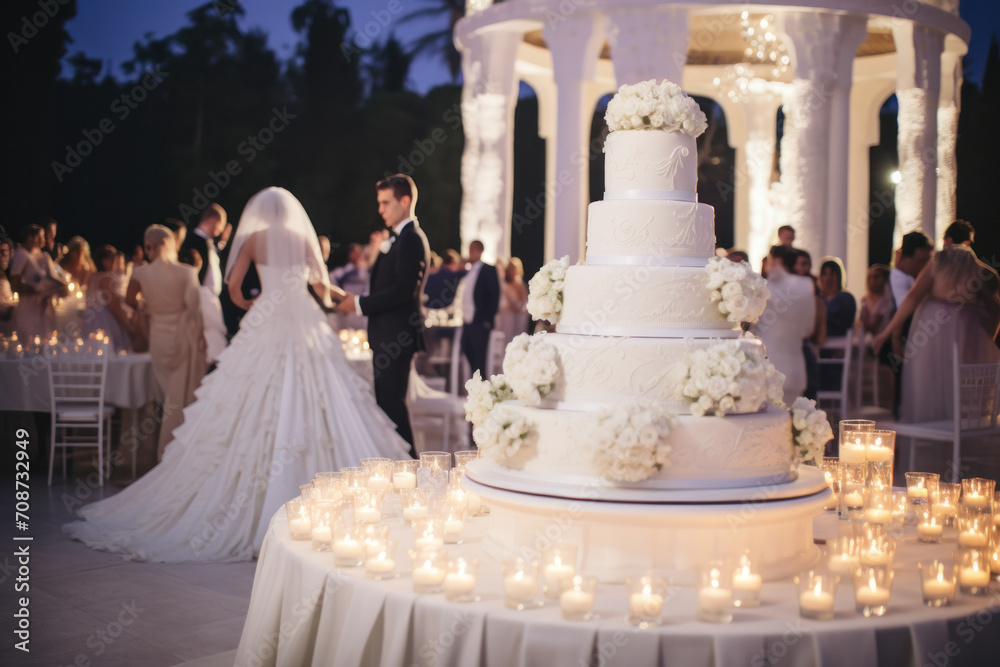 A grand white wedding cake adorned with flowers, a sweet centerpiece for love and celebration. A grand white wedding cake adorned with flowers, a sweet centerpiece for love and celebration.