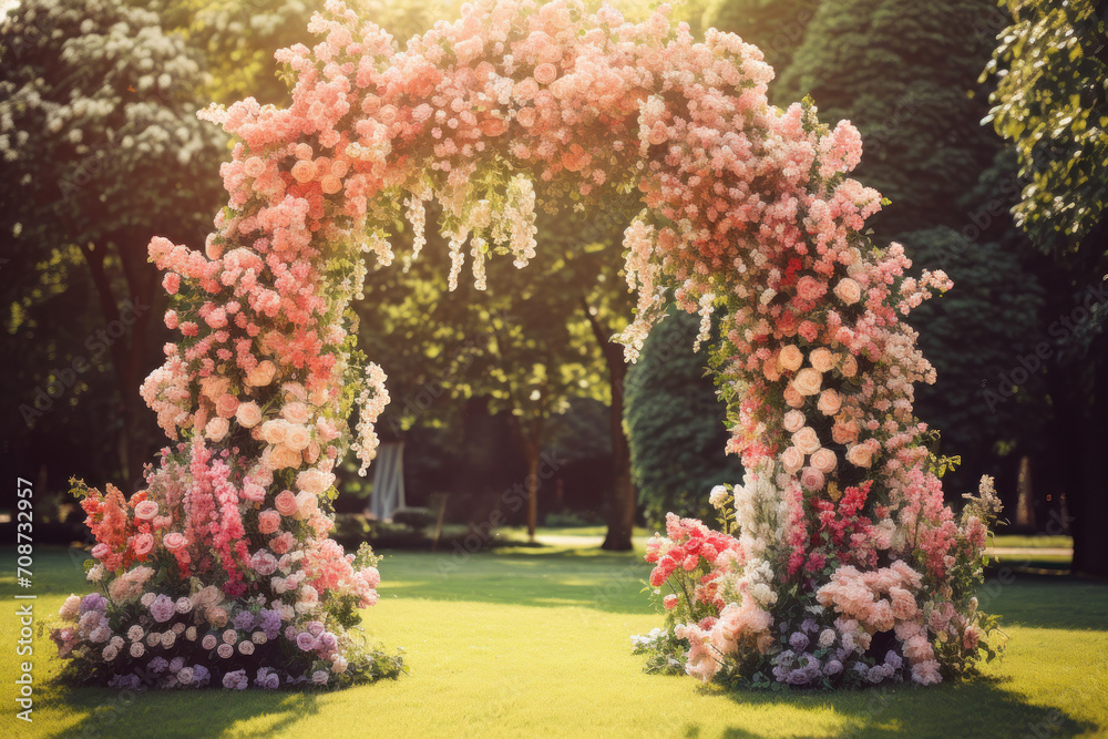 Fototapeta premium A romantic wedding arrangement with a floral arch, celebrating love amidst nature's beauty.