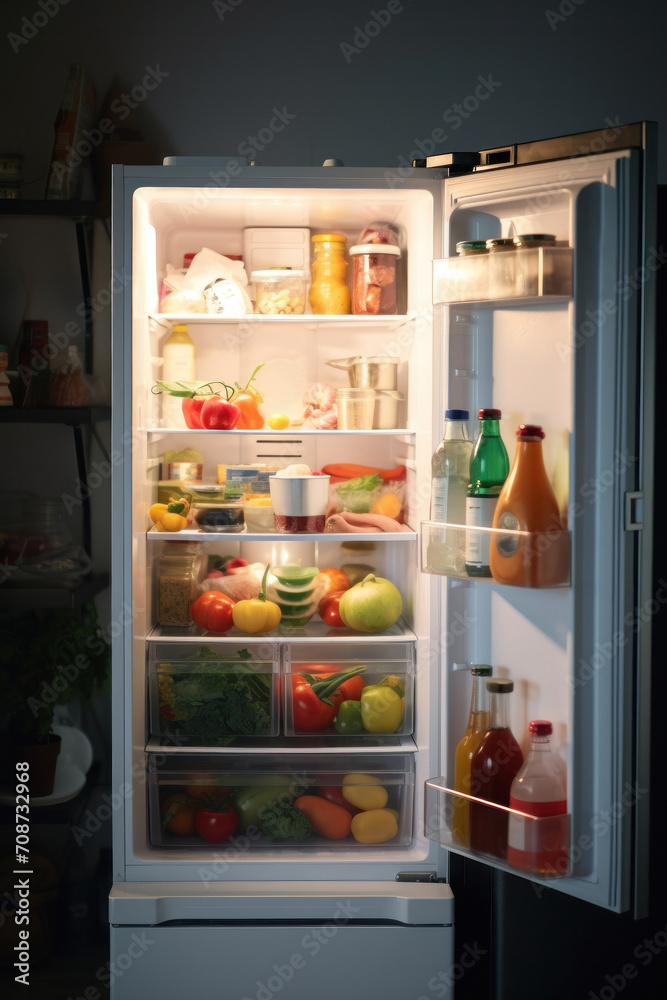 A well-stocked refrigerator with fresh fruits and vegetables, offering a variety of healthy options. A well-stocked refrigerator with fresh fruits and vegetables, offering a variety of healthy options.