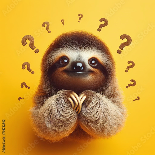 Funny sloth with question marks on a yellow background. The concept of the problem of choice.