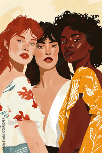 group of strong diverse confident women for empowerment feminism equality teamwork leadership poc color block pencil sketch illustration pop art