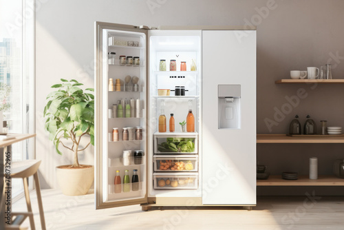 A modern kitchen refrigerator with an open door, revealing a cool and frosty interior.