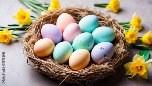 Beautiful color Easter eggs in a nest on an old dark background greeting