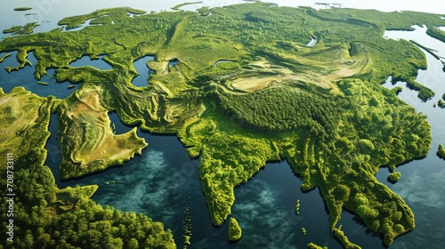 A world map made of green tree and vegetation. Only landscapes and bodies of clean water, no cities, no deserts.