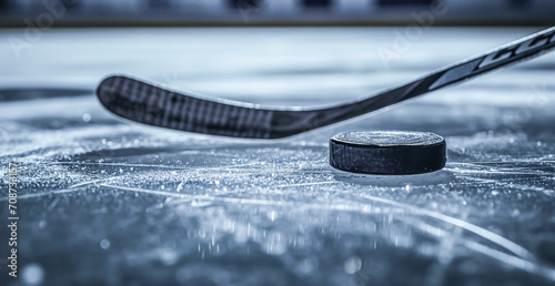 Black hockey stick and rubber puck on ice background. Closeup. photo