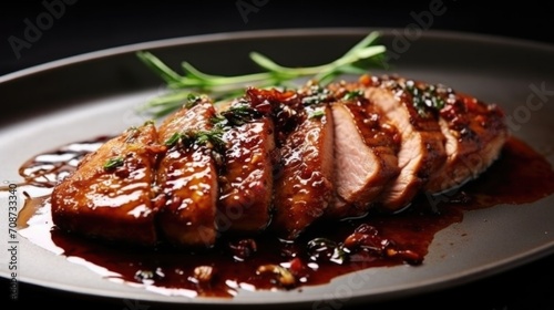 Sliced pork on a black plate with sauce. Generative AI.