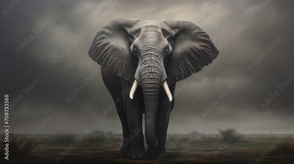 Fototapeta premium an elephant with tusks standing in a field under a dark sky with a dark cloud in the back ground and grass on the other side of the field.
