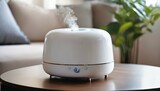 Commercial photo for catalog - white humidifier on table, blurred living room background, cozy home interior design, steam jet visible