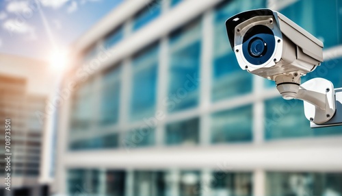 Outdoor CCTV security camera with blurred building background, protection and safety in shopping mall context