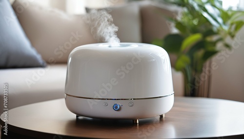 Commercial photo for catalog - white humidifier on table, blurred living room background, cozy home interior design, steam jet visible