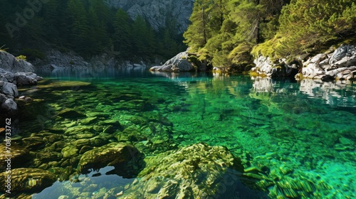  a river running through a lush green forest filled with lots of green moss growing on the side of a cliff next to a lush green forest filled with lots of trees.