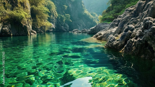  a body of water that is surrounded by rocks and greenery on both sides of the water is blue and clear and has green algae growing on both sides of the water.