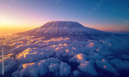 arid dry African savanna in late evening with Mount Kilimanjaro,