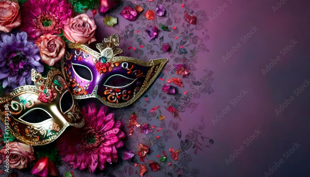 Carnival mask on a purple background with space for text and floral composition with various flowers. Venetian Carnival mask on a neutral background.