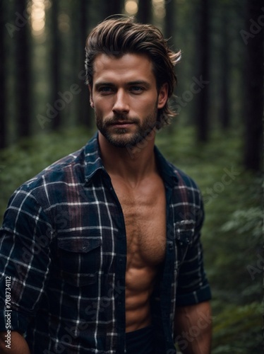 Shirtless Man Walking Through Forest. Generative AI.