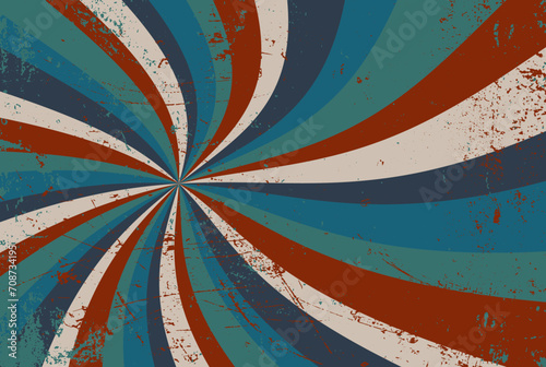 retro groovy sunburst background pattern in 60s hippy style grunge textured vintage color palette of red white blue green in spiral or swirled radial striped starburst vector design