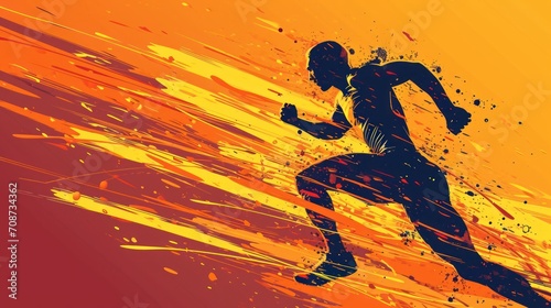  a silhouette of a man running on an orange and red background with splashes of paint in the shape of a man running on a red and orange background with splashes. © Anna