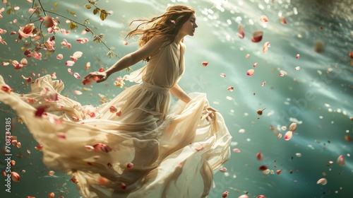  a woman in a white dress is floating in a body of water with rose petals all around her and her hair blowing in the wind and her hair in the wind.