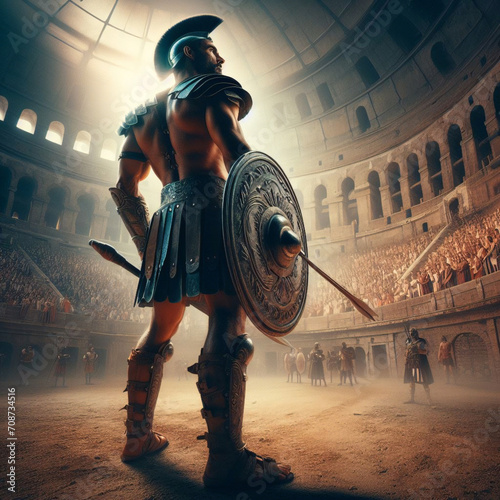 Roman gladiator inside the coliseum, Gladiator inside battle arena. Ancient Rome gladiatoral games in coliseum. photo