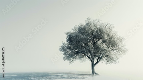  a black and white photo of a tree in the middle of a foggy field with water in the foreground and a lone tree in the middle of the picture.