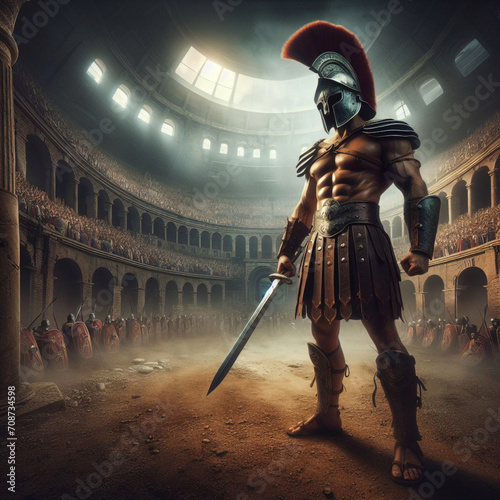 Roman gladiator inside the coliseum, Gladiator inside battle arena. Ancient Rome gladiatoral games in coliseum.