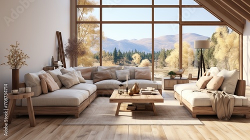Modern living room interior with large windows and mountain view