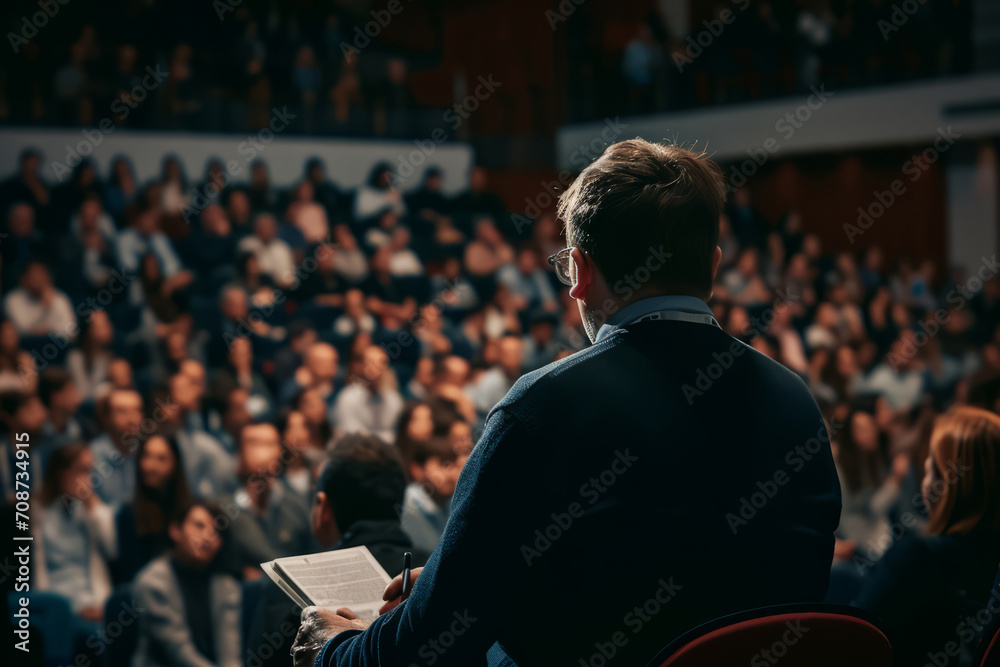 Speaker giving a talk in conference hall at business event. Speaker at Business conference and presentation. Generative AI Speaker giving a talk in conference hall at business event. Speaker at Business conference and presentation. Generative AI