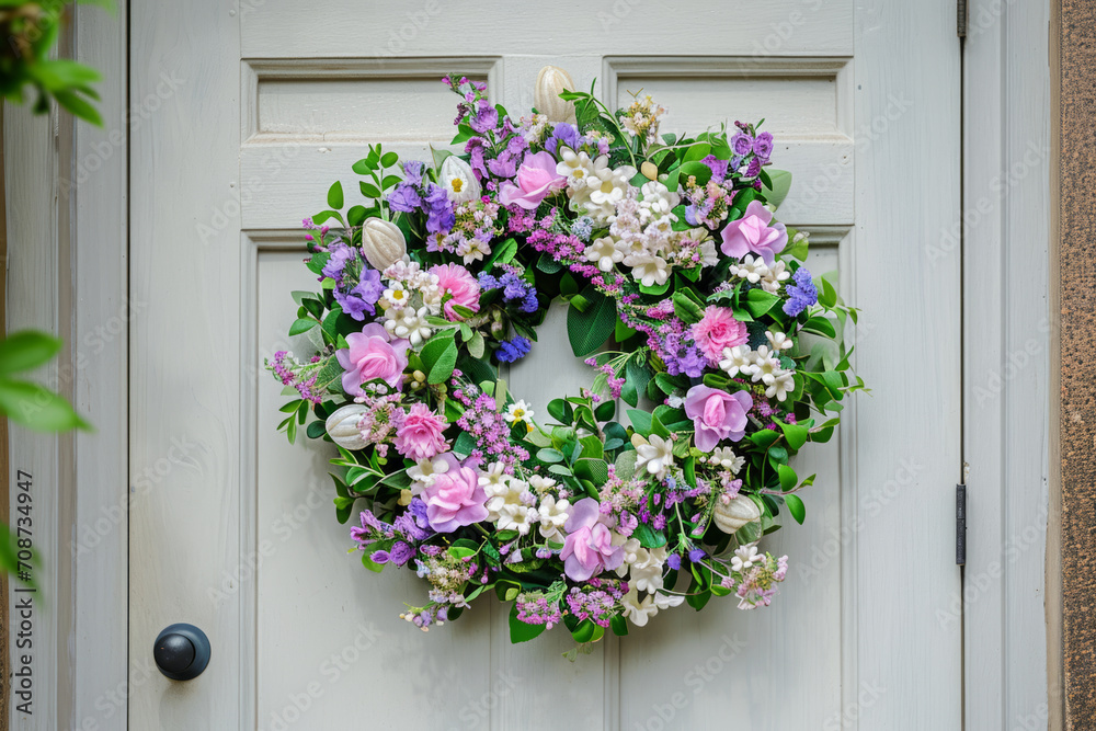 Fototapeta premium Spring flower wreath hanging on a house wooden door. Fresh wild flowers and home decoration. Generative AI