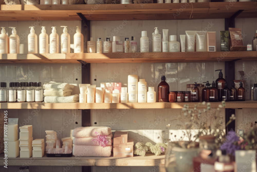 Shelves with items including soap and shampoo to sell. Generative AI Shelves with items including soap and shampoo to sell. Generative AI