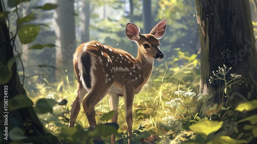  a deer is standing in the middle of a forest with tall grass and trees in the foreground, with sunlight shining through the leaves on the deer's head.
