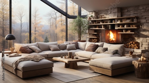 Modern living room interior design with large windows and fireplace