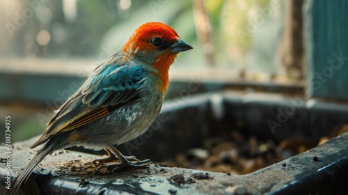  a brightly colored bird sitting on top of a piece of wood next to a planter filled with dirt and dirt on top of a wooden floor next to a window sill.