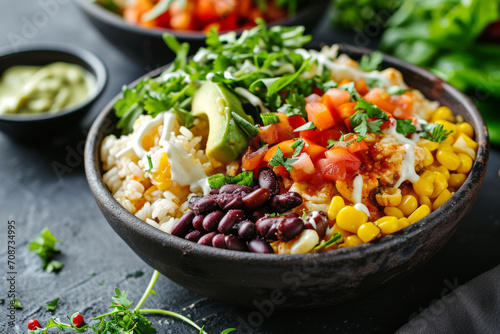 Mexican chicken burrito bowl with beans, tomato, avocado, corn and lettuce. Generative AI photo