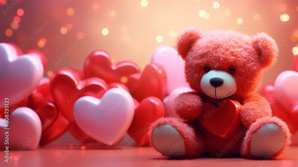 A cute teddy bear is sitting near the hearts. Valentine's Day background. Generative AI
