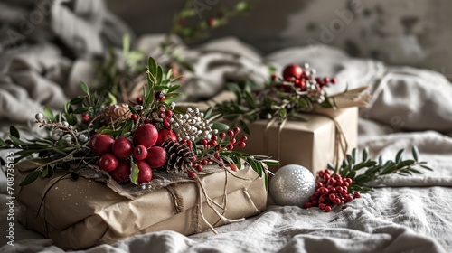  a wrapped present sitting on top of a bed next to a christmas ornament on top of a pillow next to a box with berries and pine cones on it.