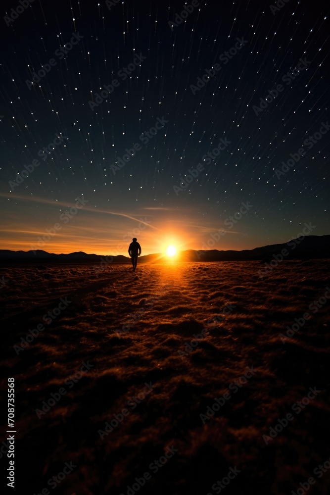 Obraz premium A man is standing in the middle of a field at sunset. Generative AI.